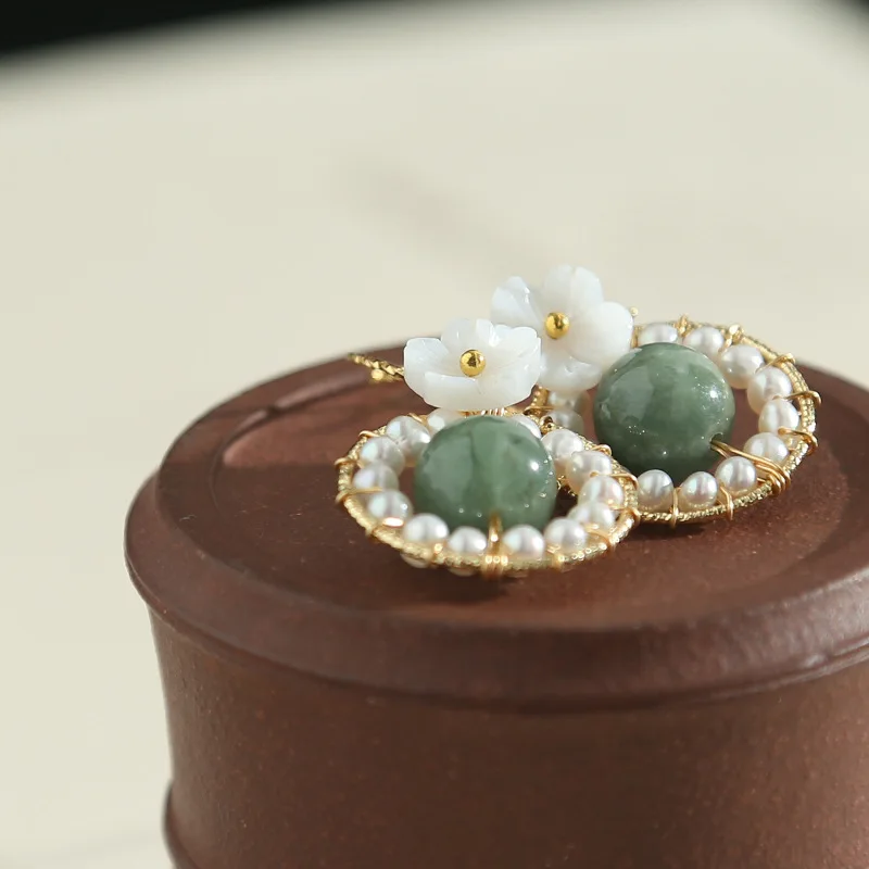 

UBESTNICE Handmade Design Vintage Flower Jade 14K Gold Filled Natural Rice Shape Pearls Hook Earrings For Women Fine Jewelry