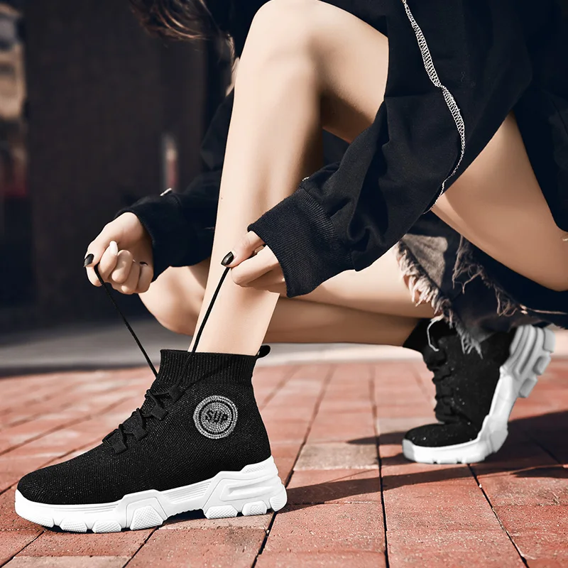 NIKEZI/уличные модные женские ботинки с высоким берцем вязанные слипоны из