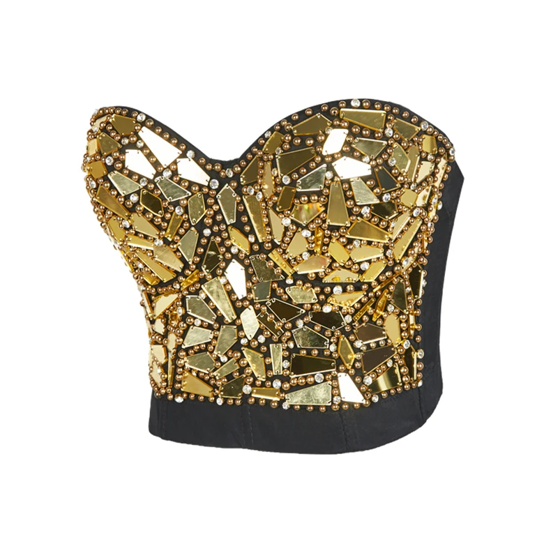 Sexy Rave Outfit Corset Top Women Silver Golden Sequin Corset with Rhinestones Glitter Crop Top Strass for Beach Club Party