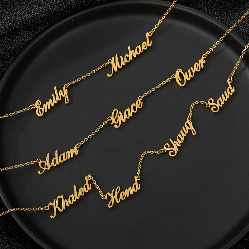 

Custom 1-4 Names Necklace For Women Personalized Stainless Steel Gold Color Three Name Nameplate Pendant Choker Jewelry Gifts