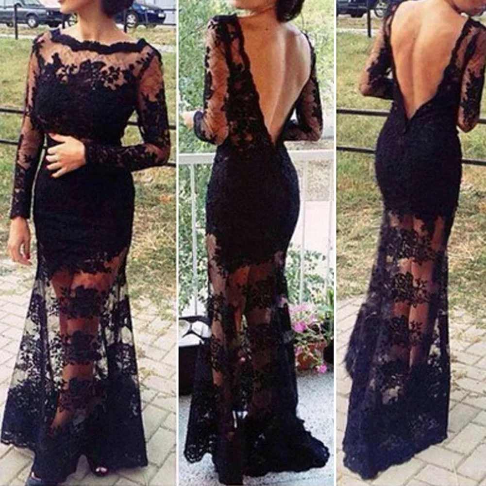 

Fashion Sexy Retro Women Black Long Lace Dress Halter Fitted Slit Crochet Floor Long Skirt Evening Dress Vestidos De Fiest
