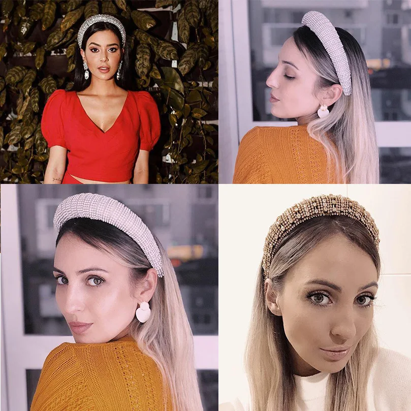 Женский широкий обруч для волос AWAYTR Серебристый со стразами и подкладкой