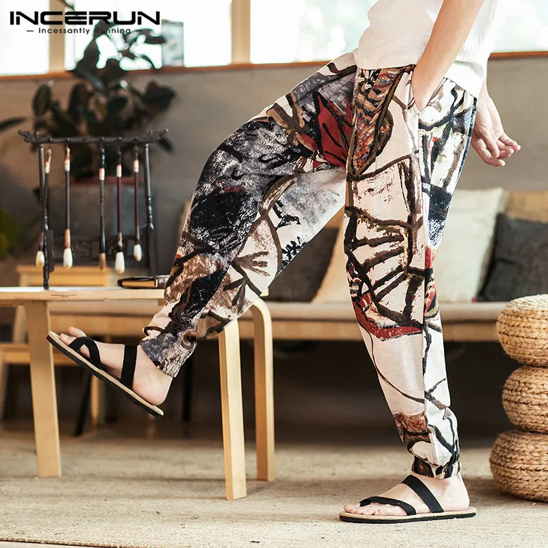 

Штаны INCERUN мужские с принтом, винтажная уличная одежда, хлопок, повседневные брюки, мешковатые джоггеры, брюки с завязкой, размера плюс 5XL, 2020