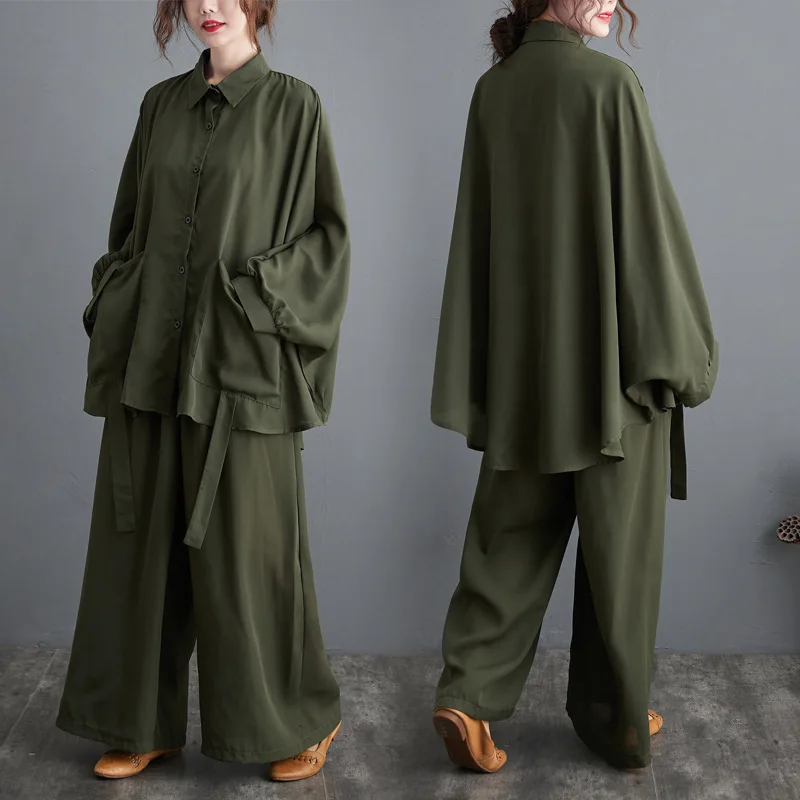 Female new spring and summer plus size solid color chiffon shirt + literary leisure wide leg pants loose two piece set