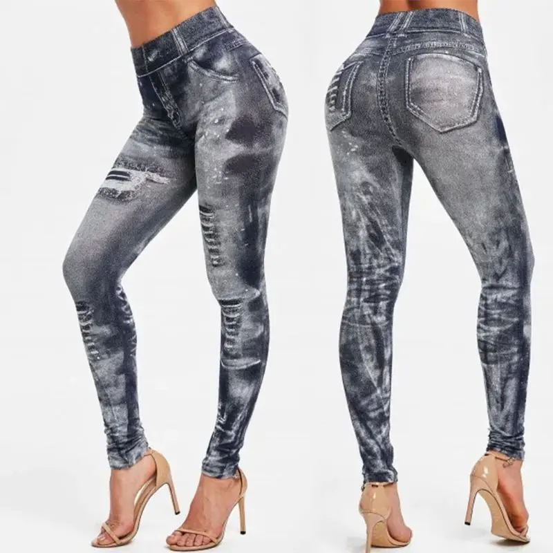 

Женские 2020 имитация Проблемные лосины из джинсовой ткани свободного покроя с высокой талией, узкие эластичные брюки-карандаш