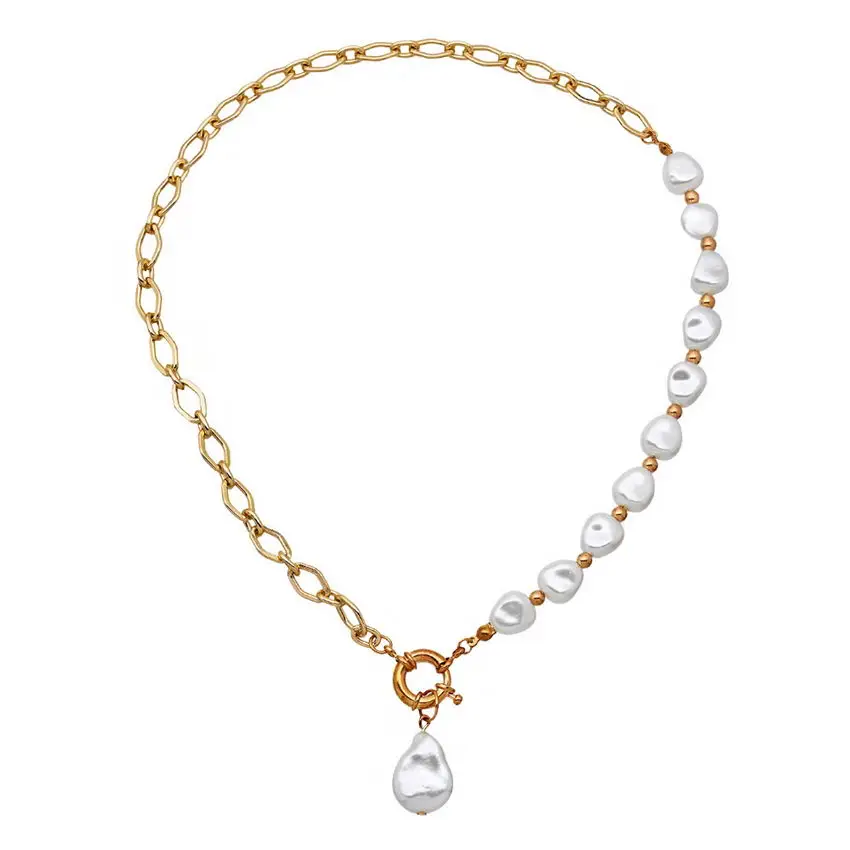 

Gold Color Chain Baroque Pearl Necklace for Women Fashion Two Tone Tropical Jewelry Statement Chokers Wholesale