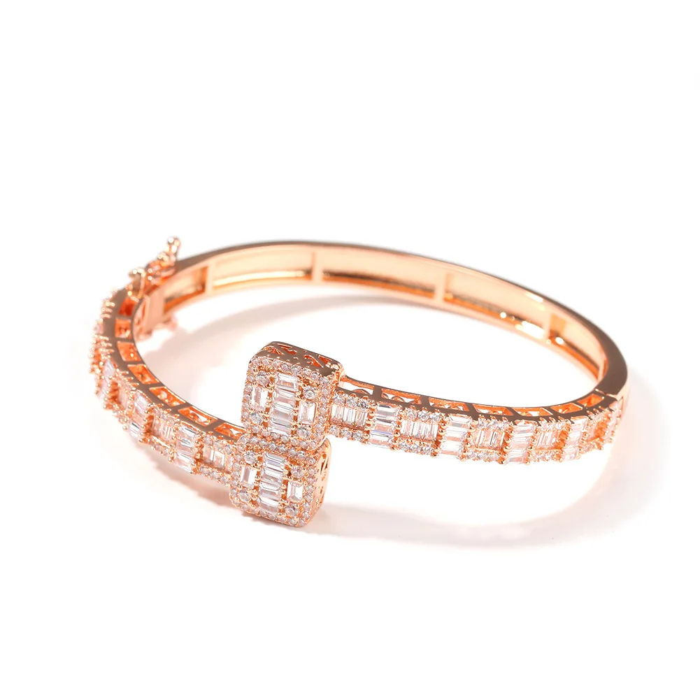 

Hip Hop Iced Out Cubic Zirconia Baguette Bracelet Bangles 6.4mm Custom Opened Square Cz Bangle Silver Color Charm Men Jewelry