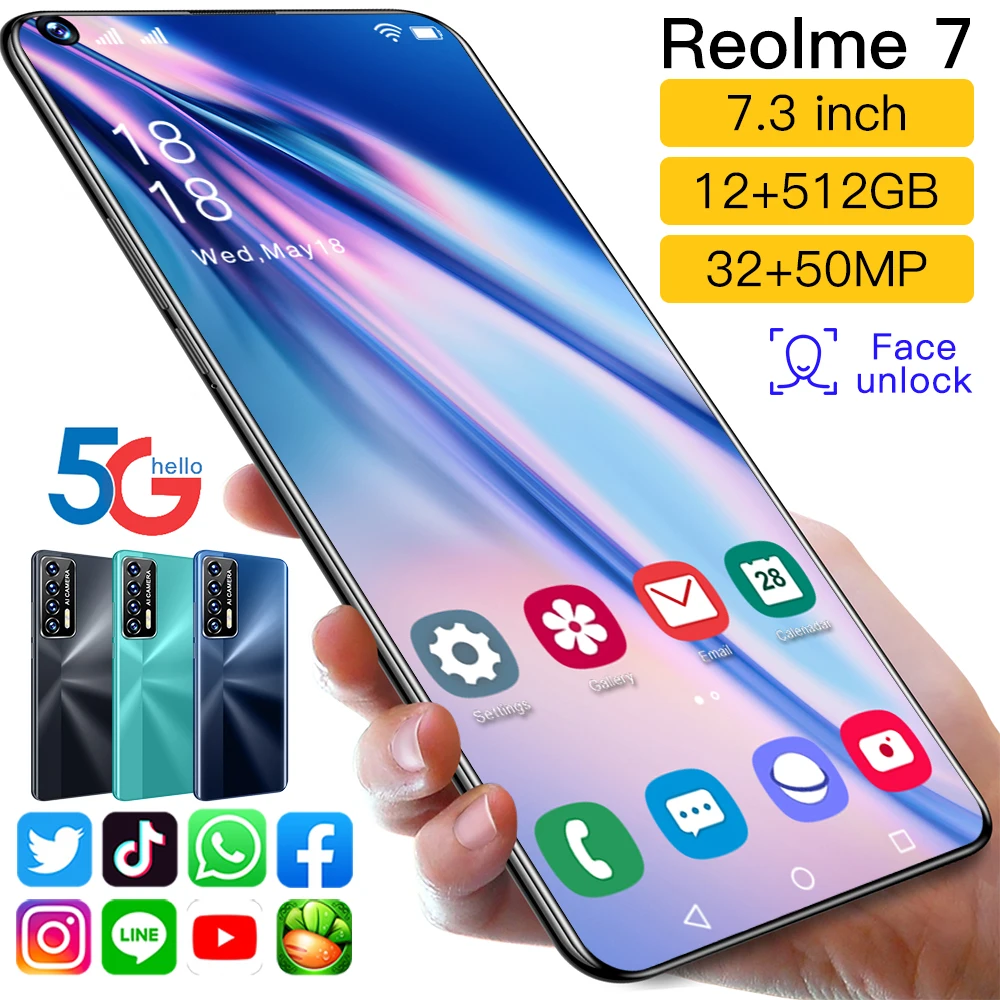 

New Smartphone Reolme 7 12+512GB Dual SIM 5G Telephone Android11 7.3Inch Face Unlock 32+50MP HD Camera LET Network Mobile Phone