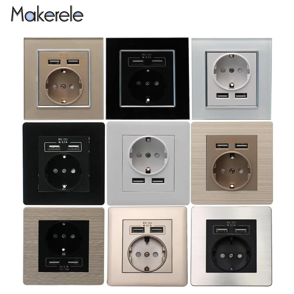 

16A EU Standard Wall Power Socket Dual USB Charger Port For Mobile Adapter Outlet PC Stainless Steel Brushed Aluminum Panel Plug