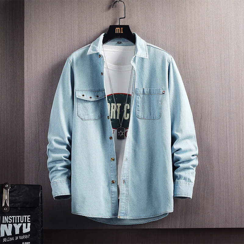 

Denim shirt men's long sleeve Korean solid color fashion shirt 2021 spring and autumn trend casual coat youth cardigan