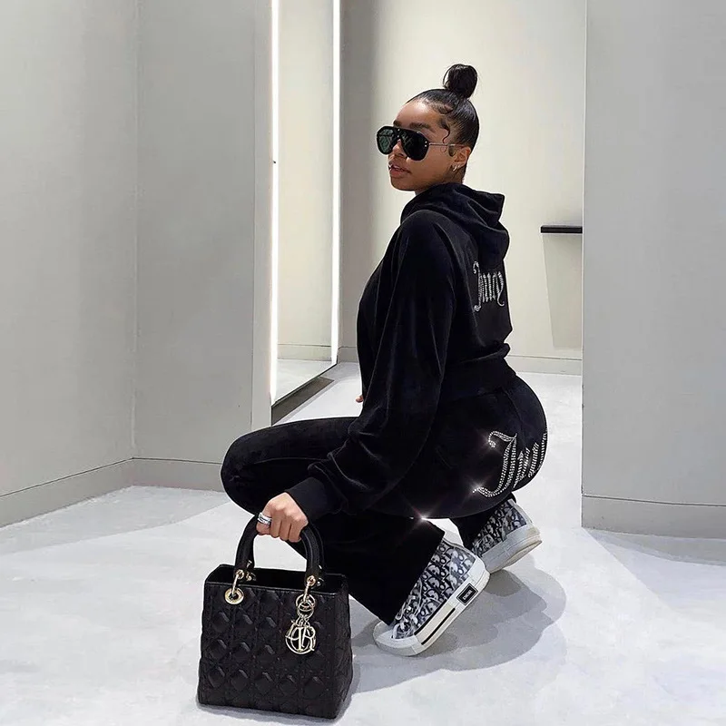 

Casual Letter Two Piece Set Women Autumn Hoodied Diamonds Velour Jacket+Softy Pants Matching Outfit Concise Classic Outfits