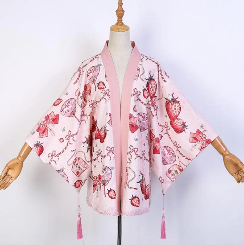 Long Haori Pink Японский стиль кимоно куртка Красный милый клубника длинное пальто Haori - Цвет: Long Haori Pink