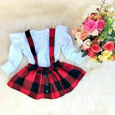 

3PCS Kid Baby Girl Long Sleeve Lace Tops Plaid Bib Dress Outfit Party Clothes