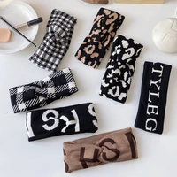 Letter logo knitted wool headband women Cross wide side Houndstooth leopard print face wash hair band Fashion hair accessories