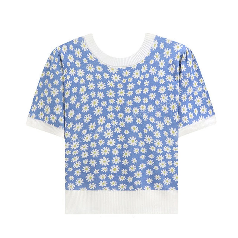 

ZAWAHIKI Korean Elegant Sweet Little Daisy Knitted Pullover O Neck Puff Short Sleeve Loose Tops Short Flower Women Clothing