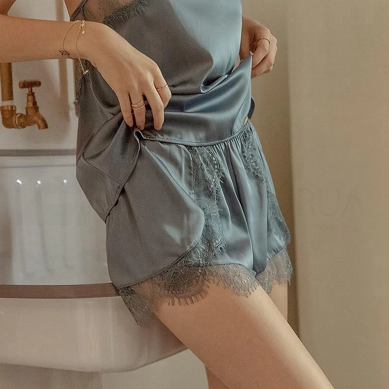 

Satin Pajama Set Two Piece Set Women Sleepwear Silk Pajamas Sexy Nightwear Women 2021 Summer Lace Homewear Women Lingerie
