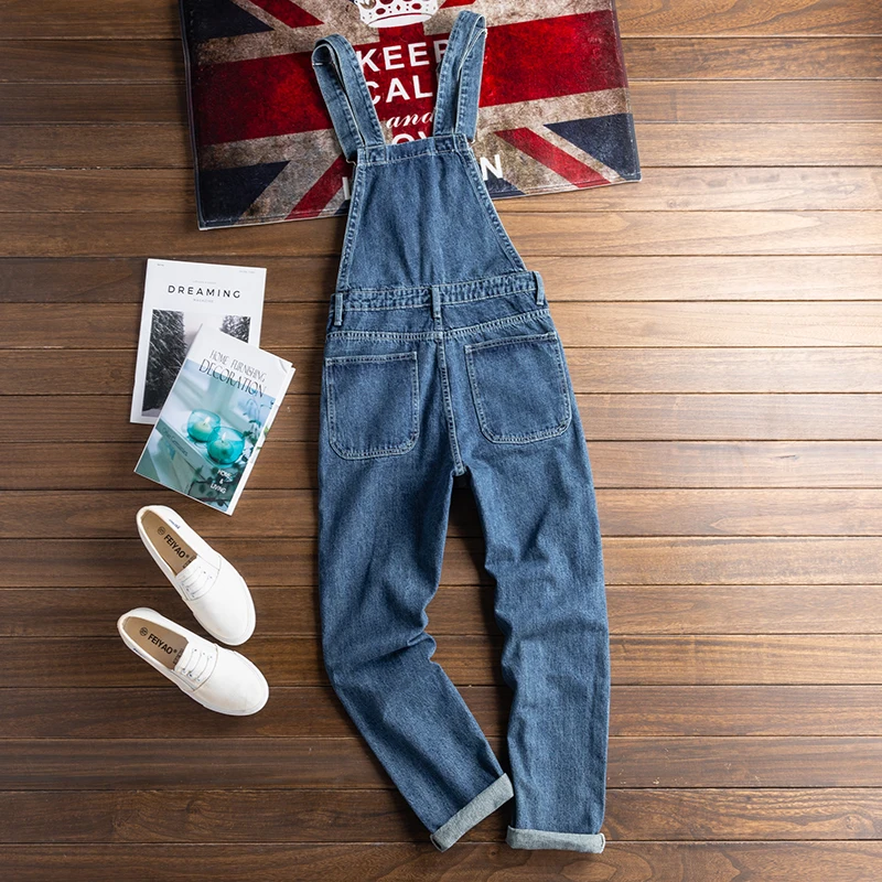 

ABOORUN Men's Blue Denim Bib Overalls Big Pocket Washed Slim fit Jumpsuits Pants Casual Patchwork Jeans