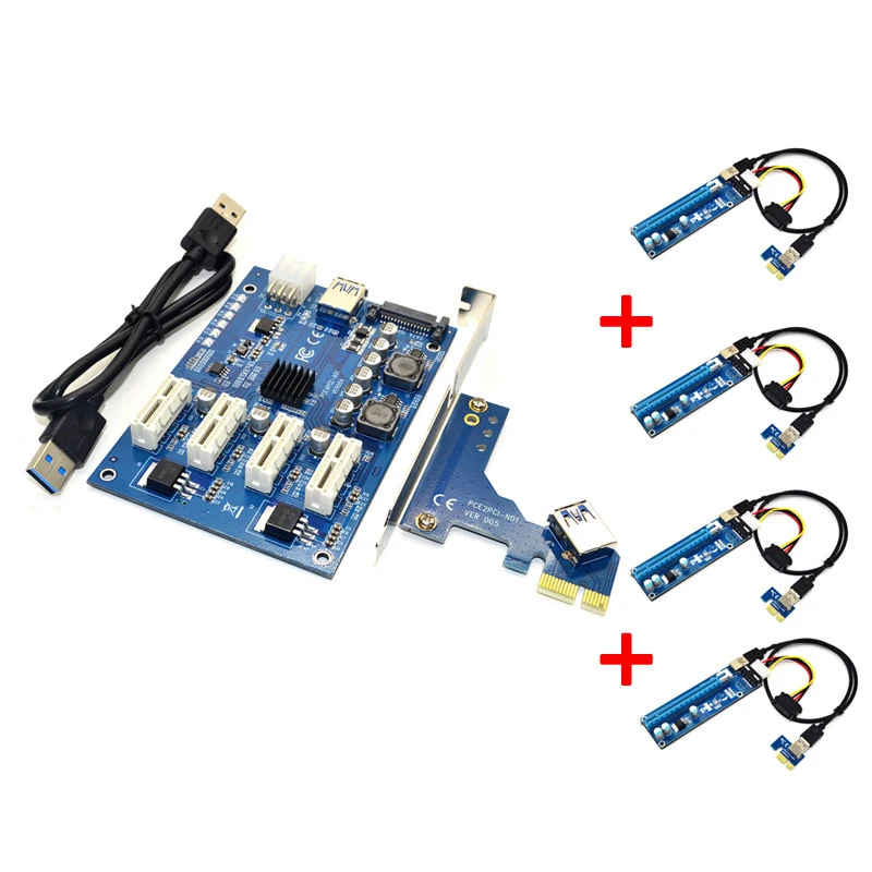 Подъемный комплект PCIE 1-4 PCI E Express 1X to 16X Riser Card Mini ITX External 4 PCI-E Slot Adapter для BTC Miner |