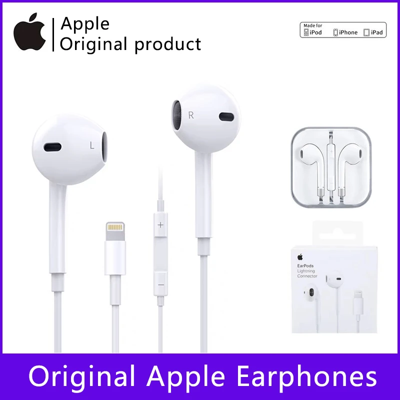 

Наушники-вкладыши Apple EarPods с разъемом 3,5 мм/Lightning, проводные оригинальные наушники с микрофоном, Спортивная гарнитура, наушники для iPhone 11 12 13pro...