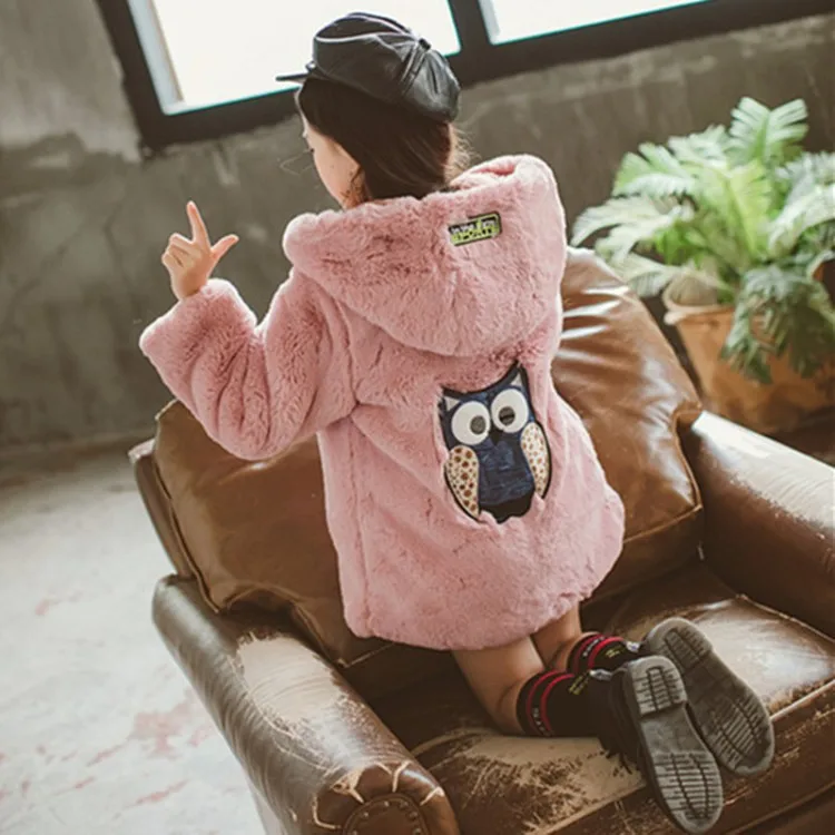 

Big Girls Cartoon Hooded Faux Fur Coat Children Winter Soft Velvet Overcoat 3-11yrs Kids Owl Animal Outwear Girl Warm Clothes