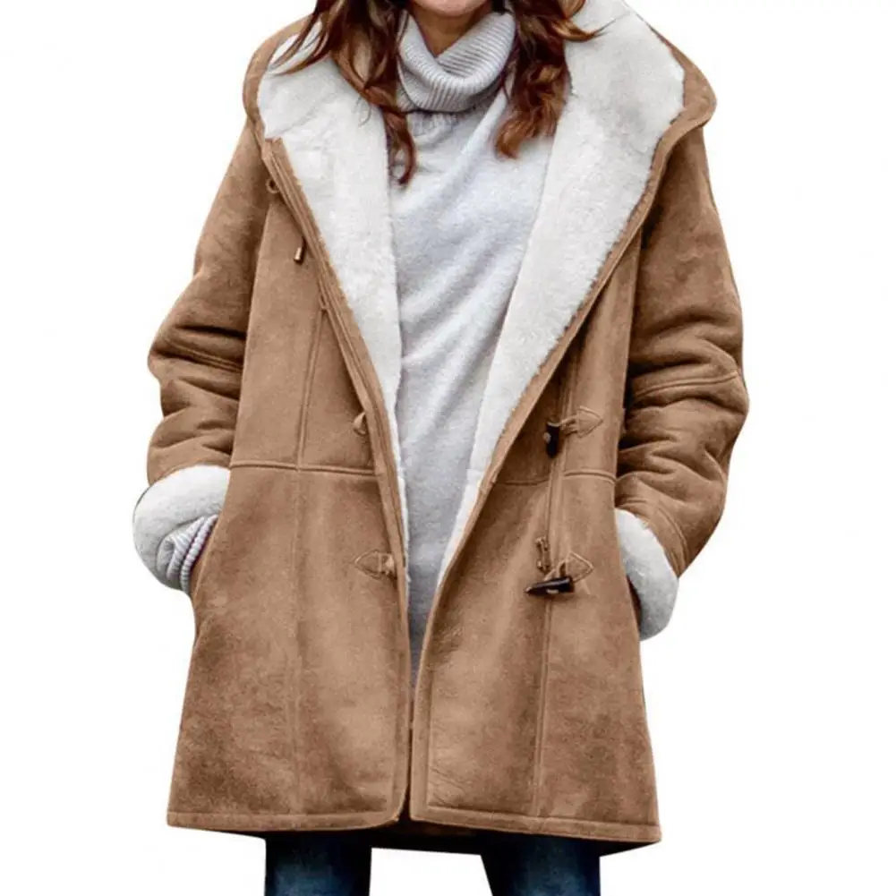 

New Cow Horn Buckle Pockets Women Oversized Coat Cardigan Solid Color Plush Fleece Lined Hooded Winter Overcoat Outerwear