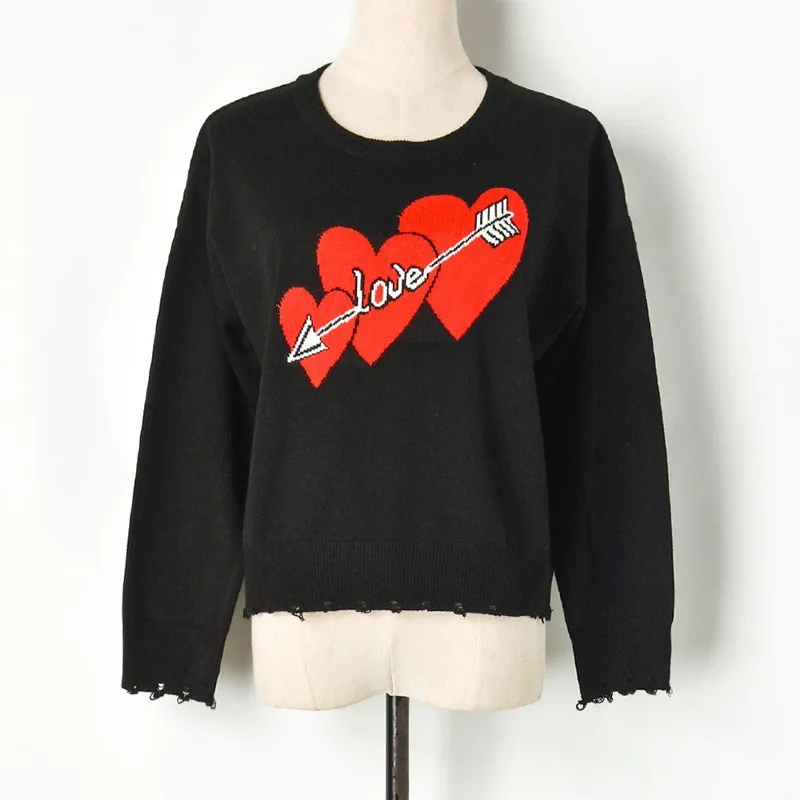 Женский укороченный свитер из смешанной шерсти трикотажный пуловер с сердечками