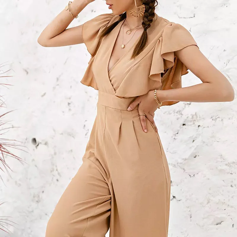 

Hot Selling Women's Sexy V-neck Sleeveless Ruffled Wide-leg Jumpsuit Women 2021 Spring High Waist Fashion Casual Jumpsuit