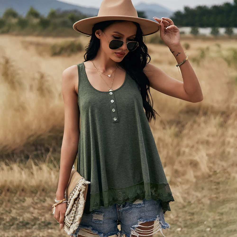 

Sleeveless O Neck Button Decoration Loose Home Shirt Casual Simple Women Blouse Crop Tops Solid Color Patchwork Net Yarn Shirt