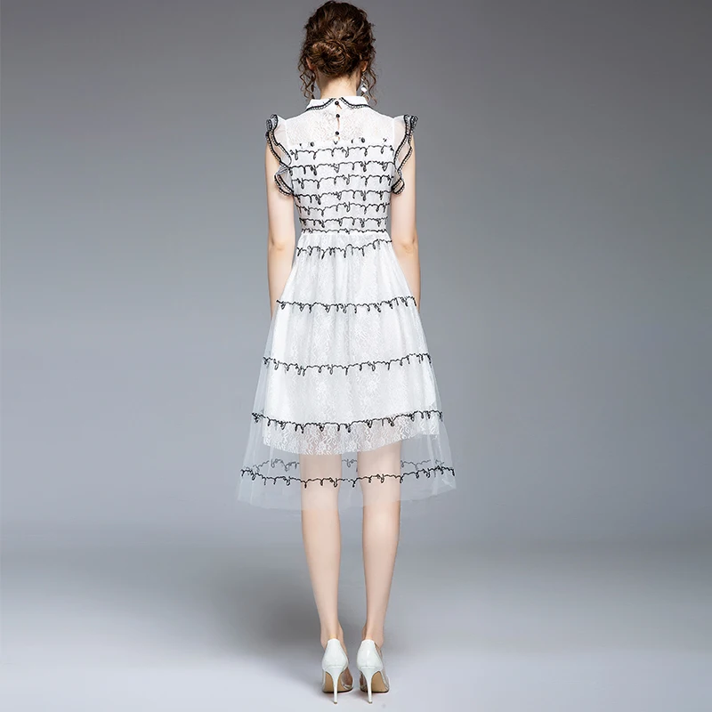 

Summer Lace Dress Sequined Striped Mesh Embroidery Sweet Peter Pan Collar White Dresses Thin Elegant Party Dress TA6933