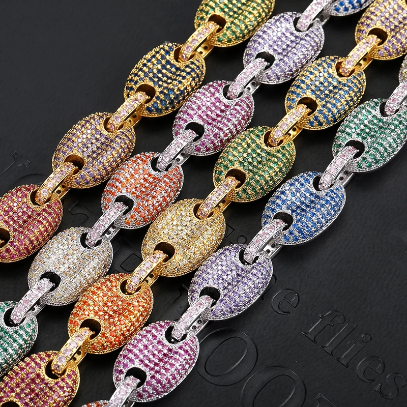 

Hip Hop 11MM Coffee Beans Chain Iced Out Bling Colorful CZ Cuban Link Chain Bracelet For Men Charms Jewelry