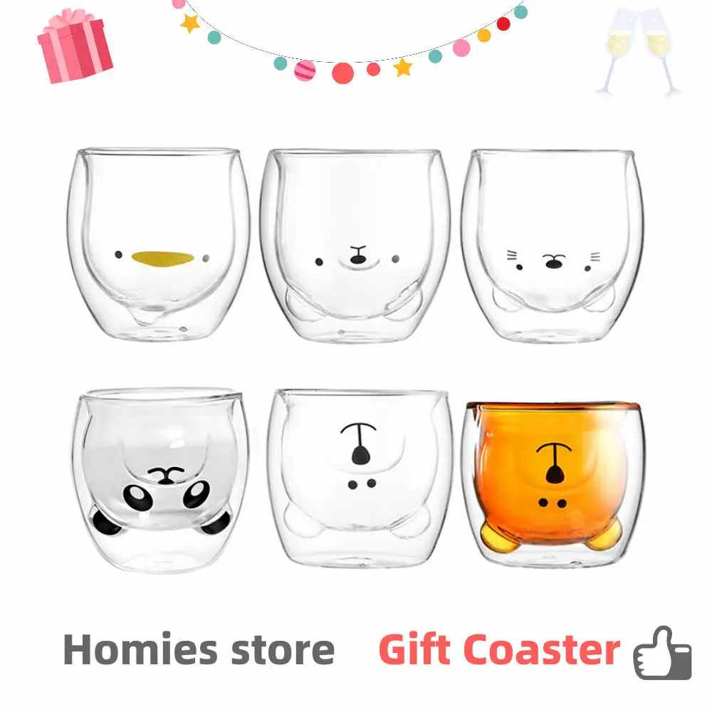 

Glass Mugs Double Wall Glass mug, Bear cat dog animal Double-layer glass mug Coffee Cup, Christmas mug gift ,cute Tea Milk Cup