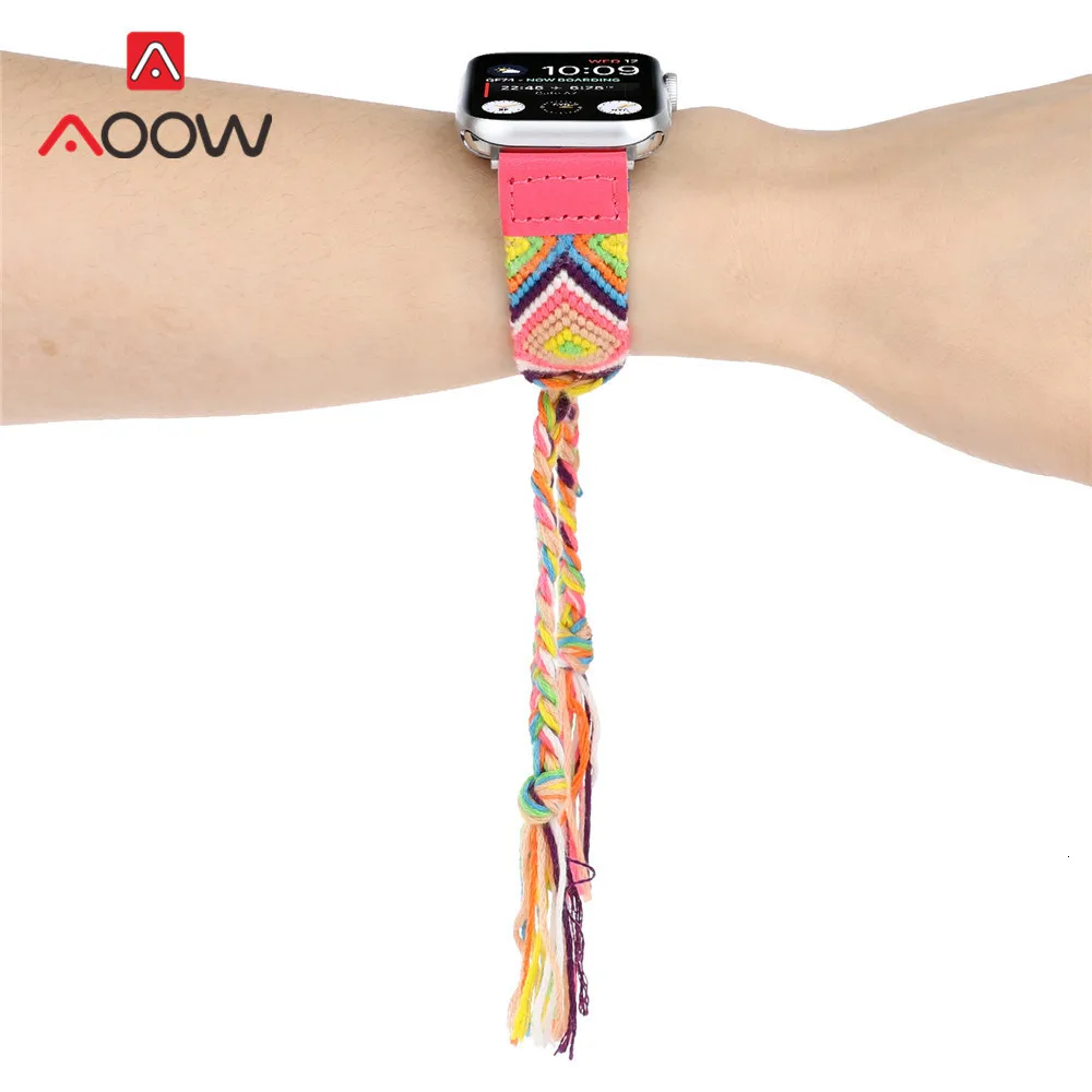 Красочная плетеная веревка ремешок для наручных часов Apple Watch 40 мм 44 мм, 38 мм, 42 мм, в народном стиле Стиль регулируемый браслет ремешок для наручных часов iWatch, версия 1, 2, 3, 4 года