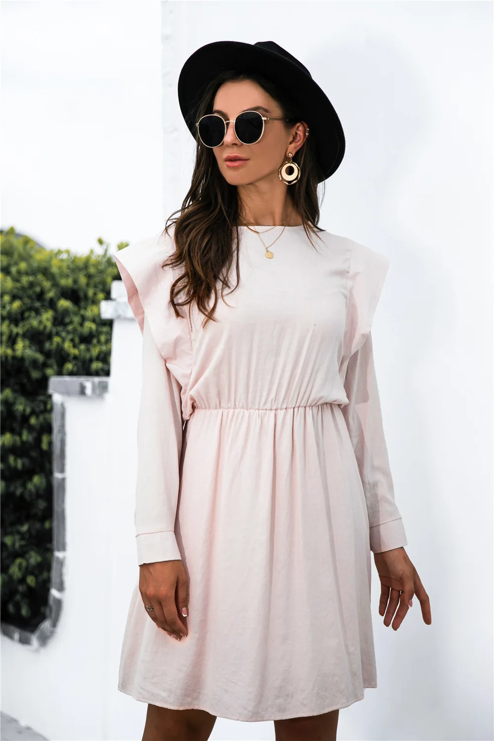 

Women Robe Femme Spring Autumn Solid Color A-Line Dresses Ruffles O-Neck Long Sleeve Elastic Waist Slim Dress For Woman Vestidos