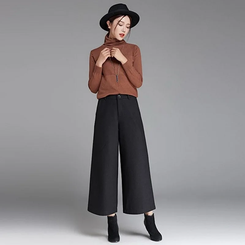 Wide Leg Black FALIZA, женские теплые свободные штаны-шаровары, Осень-зима, женские модные офисные брюки с высокой талией, широкие штаны для женщин, WPM12 - Цвет: Wide Leg Black