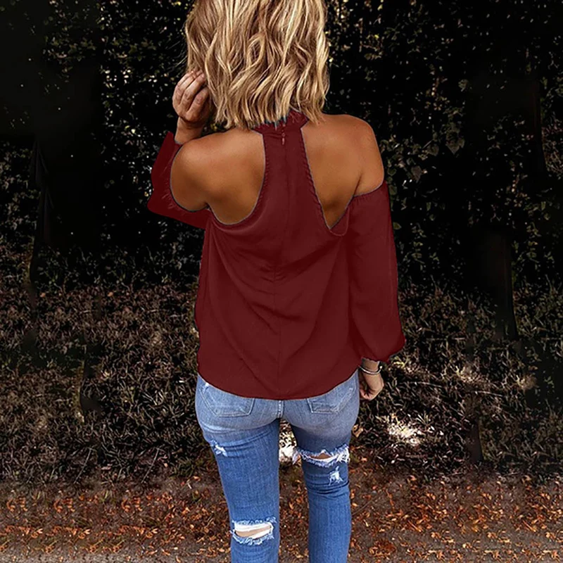 

Newly Long Sleeve Shirt Women Fashion Blouse Halter Solid Casual Off Shoulder Top FIF66