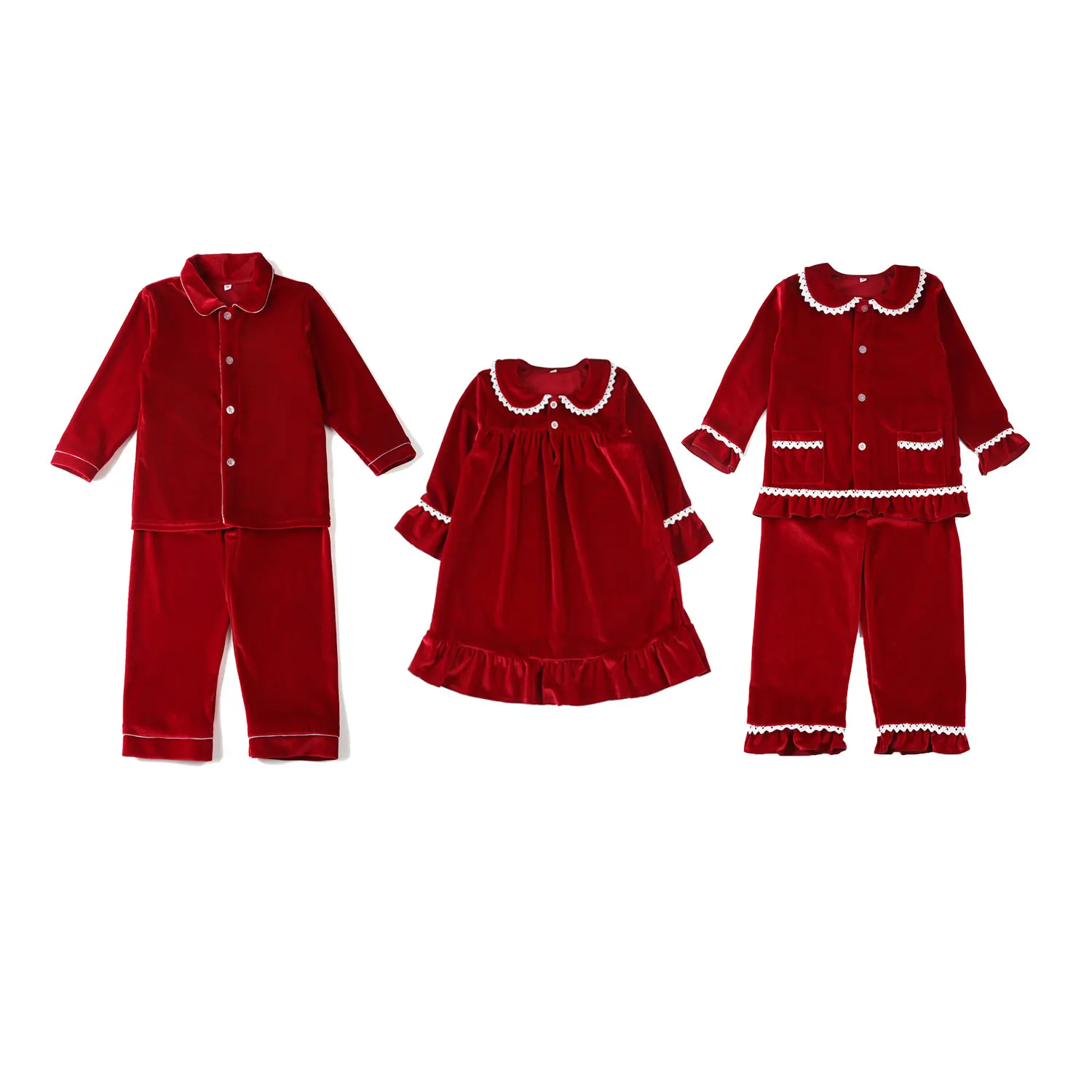 Camis&oacute;n de terciopelo rojo cl&aacute;sico para ni&ntilde;os y ni&ntilde;as, pijama gruesa de manga larga con volantes-1