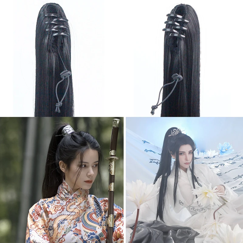 Длинные черные волосы 60 см с зажимами для конского хвоста украшение волос в