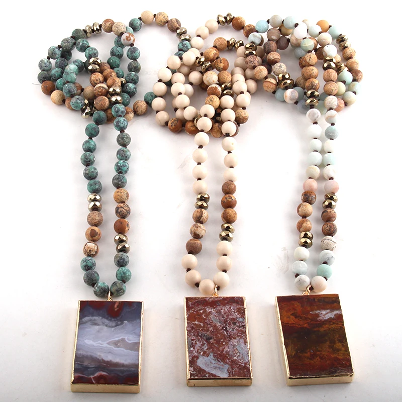 Длинное женское ожерелье с подвеской из натуральных камней | Украшения и