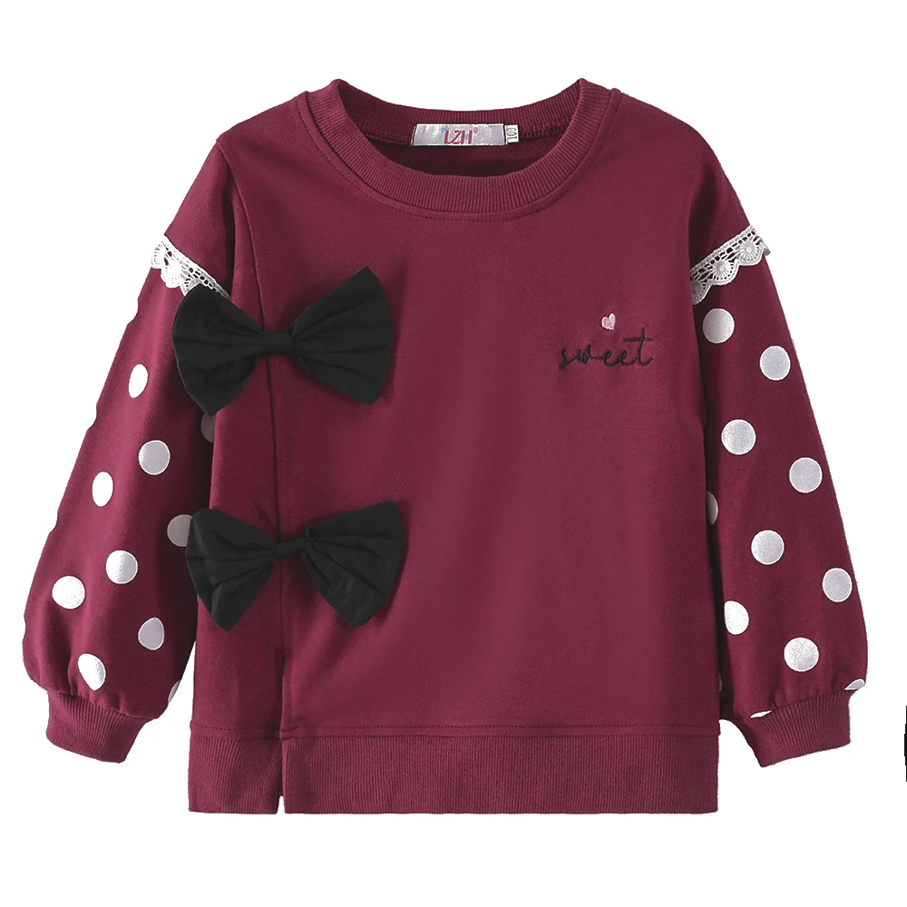 

LZH 2021 Spring Toddler Girls Long Sleeve Lace Bow Dot Print Sweatshirt For Girls Tops Kids Clothes Children Sweatshirt 2-6 Year