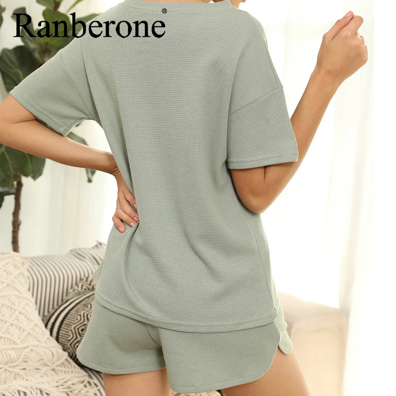 Ranberone Sport Suit Female Women's Solid Color Short Sleeves With Short Two Piece Casual Home Suit Summer Clothes Matching Sets