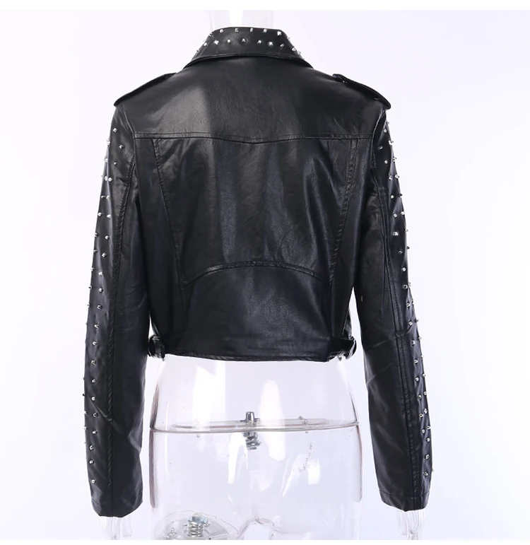 Женская короткая куртка из ПУ кожи с заклепками и бисером отложным воротником в