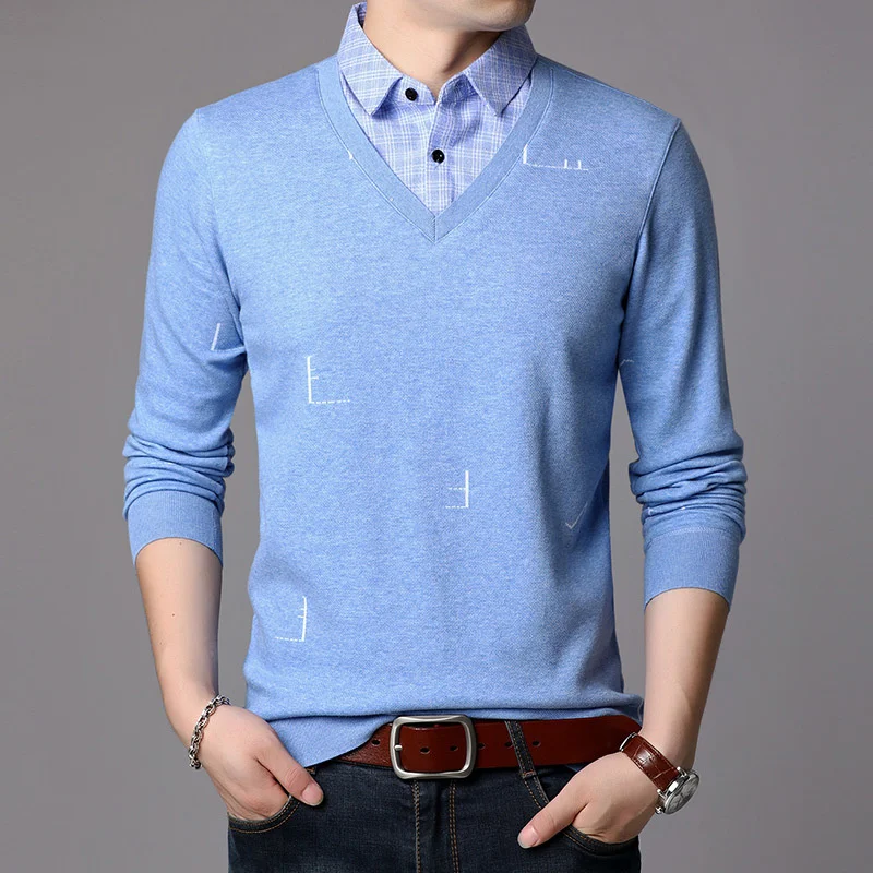 Plaid Brand Quality Pullover 2021 Knit New Korean Fashion Top Shirt Collar Fake Two V Neck Sweaters Casual Jumper Mens Clothes