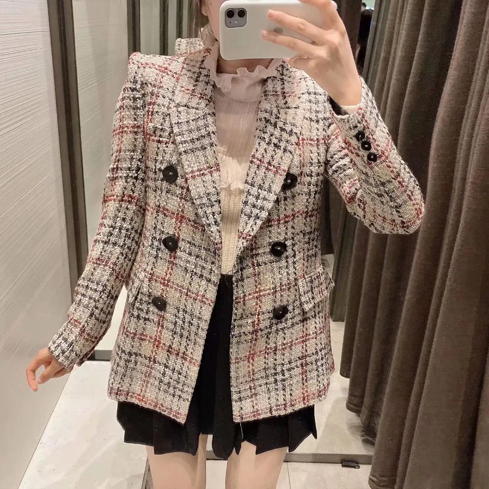 

BM UR HM ZA women's 2021 early autumn new fashion all-match long-sleeved double-breasted slim-fit plaid texture blazer