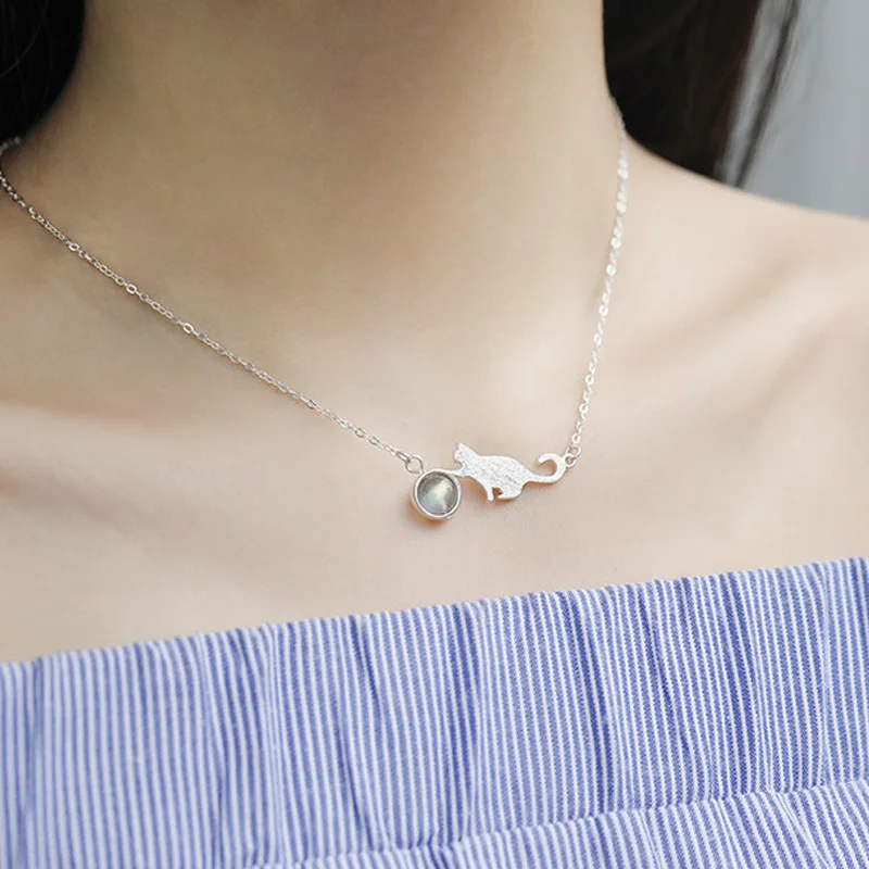 Женское Ожерелье из чистого серебра Cat Moonlight простая цепочка для ключиц