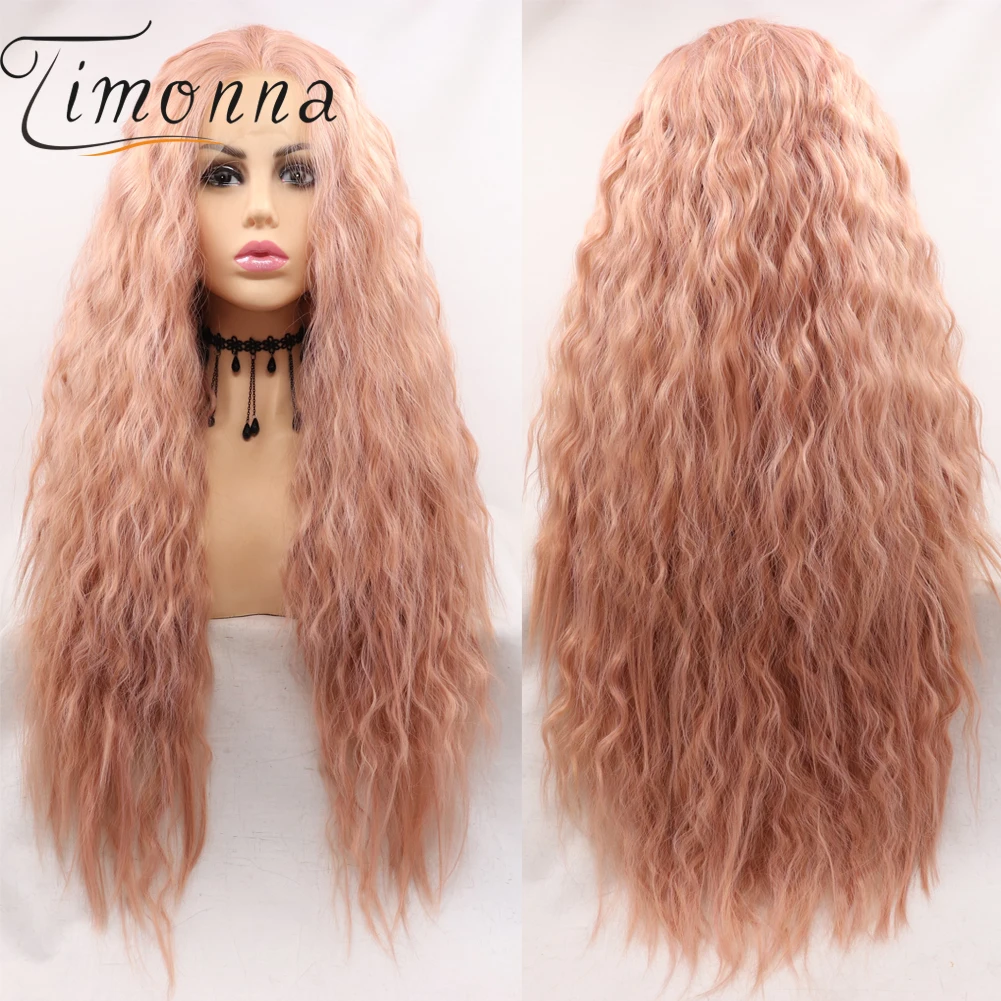 

TIMONNA Synthetic Lace Front Wigs for Women Long Curly Light Pink Heat Resistant Synthetic Wig Daily Use Natural Hairline