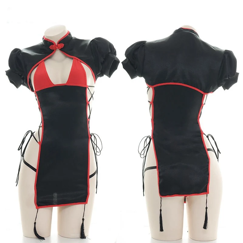 

Chinese Style Retro Women High Slit Classic Improvement Cheongsam Underwear Set Cosplay Sexy Girl Cross Bandage Dress Lingerie