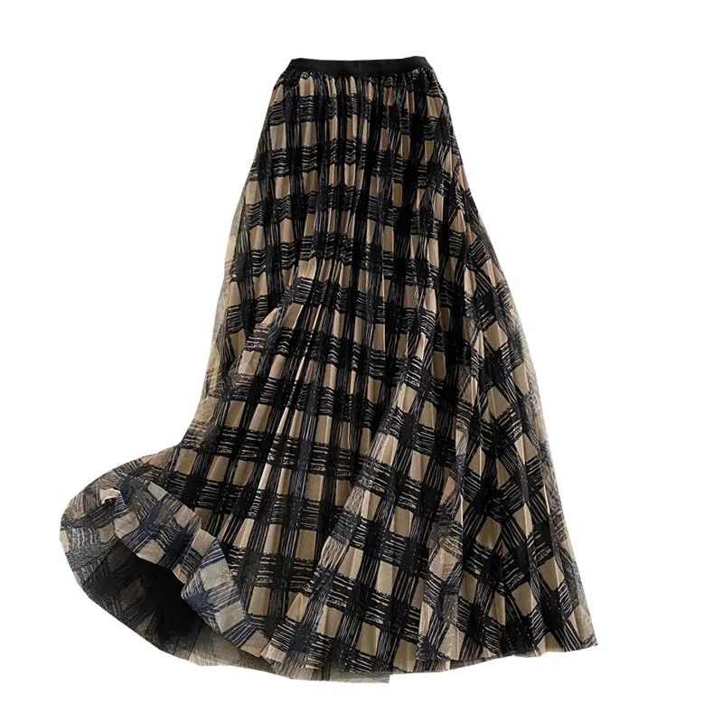 

Spring Autumn New Plaid Mesh Skirt Female High-waist A-line Skirt Is Thin Cover The Crotch Mesh Long Skirt UK525