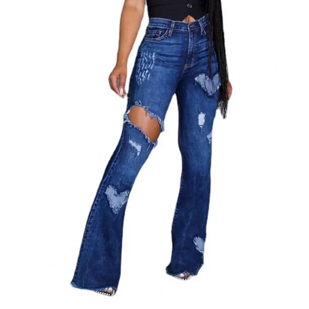 

Women Flare Jeans Ripped Heart Pattern Summer Autumn Solid Color All Match Denim Pants Streetwear Casual Women Clothing 2021