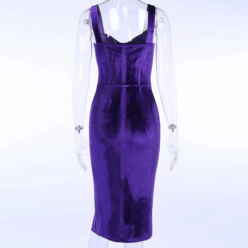 

Lyprerazy Sexy Women Velvet Dress Vintage V Neck Strap Midi Elegant Bodycon Party Side Split Dresses
