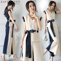 summer elegant woman pants and blouse set v neck sleeveless wide leg capris suit patchwork belt vintage outfit korean dd2295
